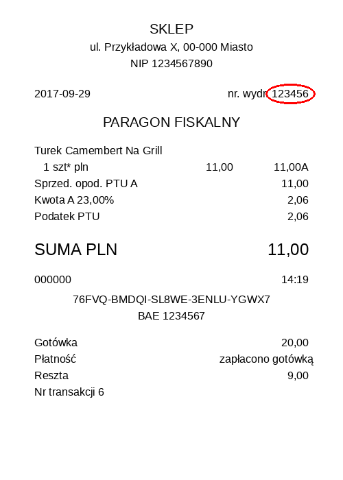 Przykład numeru paragonu